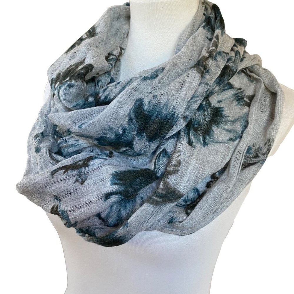 J.Jill Infinity Scarf Wool Cotton Blend Floral Lightweight Blue Nautical Womens